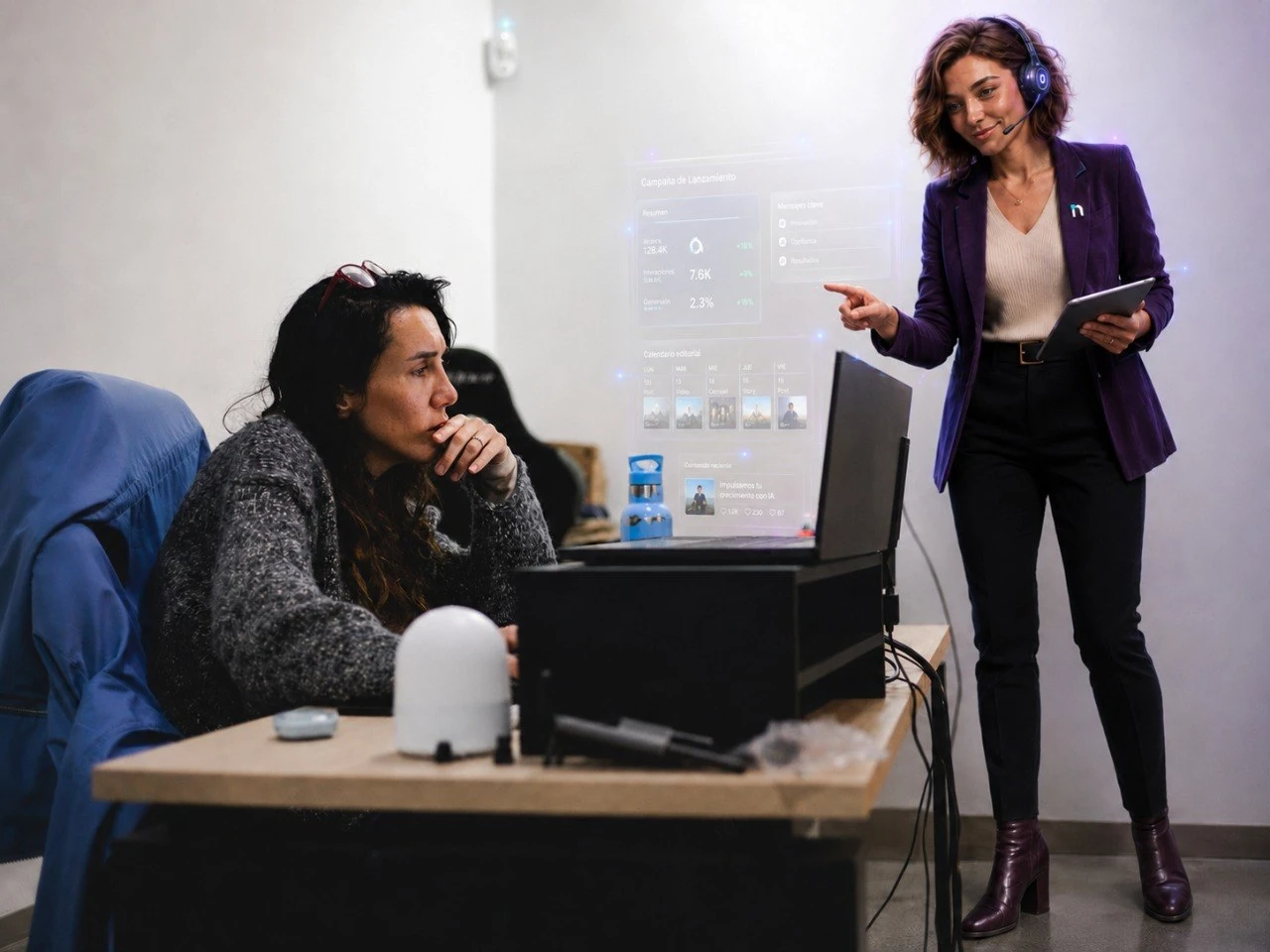 Carmen trabajando con Nora en una escena de marketing y comunicación