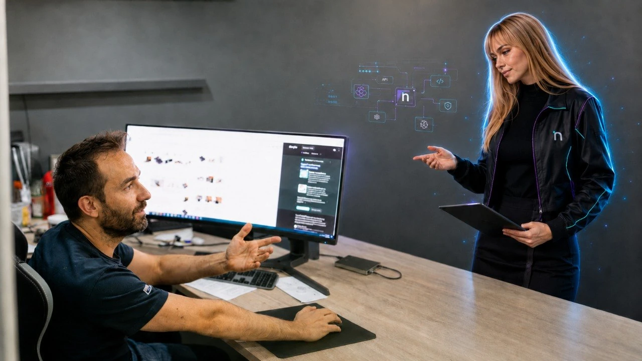 Julio trabajando con NYX en una escena de arquitectura técnica e IA