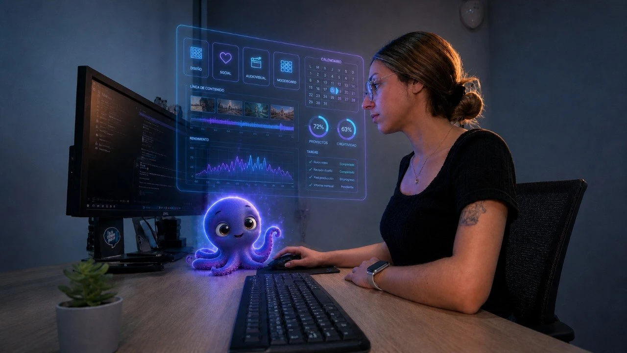Mónica trabajando con Octo en una escena de diseño, redes y producción audiovisual