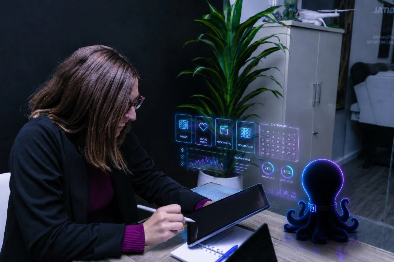 Mónica trabajando con Octo en una escena provisional de diseño, redes y audiovisual
