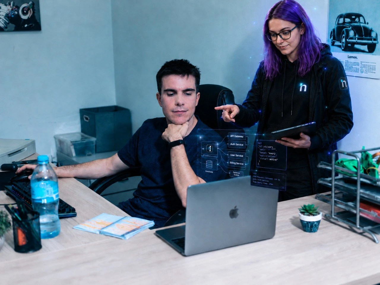Pedro trabajando con Lyra en una escena de ingeniería y arquitectura técnica