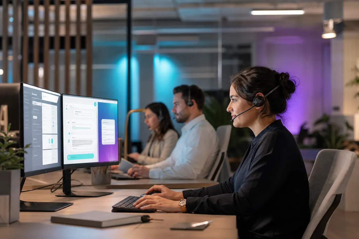 Equipo de atención al cliente trabajando con apoyo de un agente de IA